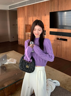 MULVAN【现货7折】蓝色短款麻花毛衣女高级感宽松复古套头上衣