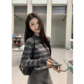 曼城假日 美式 撞色条纹polo衫 MULVAN 长袖 T恤女宽松复古通勤上衣