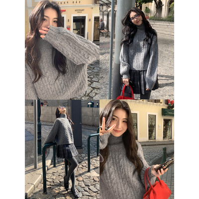 复古针织衫灰色高领短款加厚毛衣