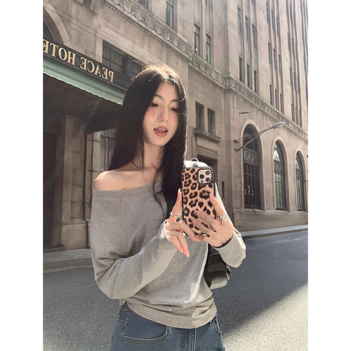 斜肩上衣女长袖宽松显瘦慵懒风
