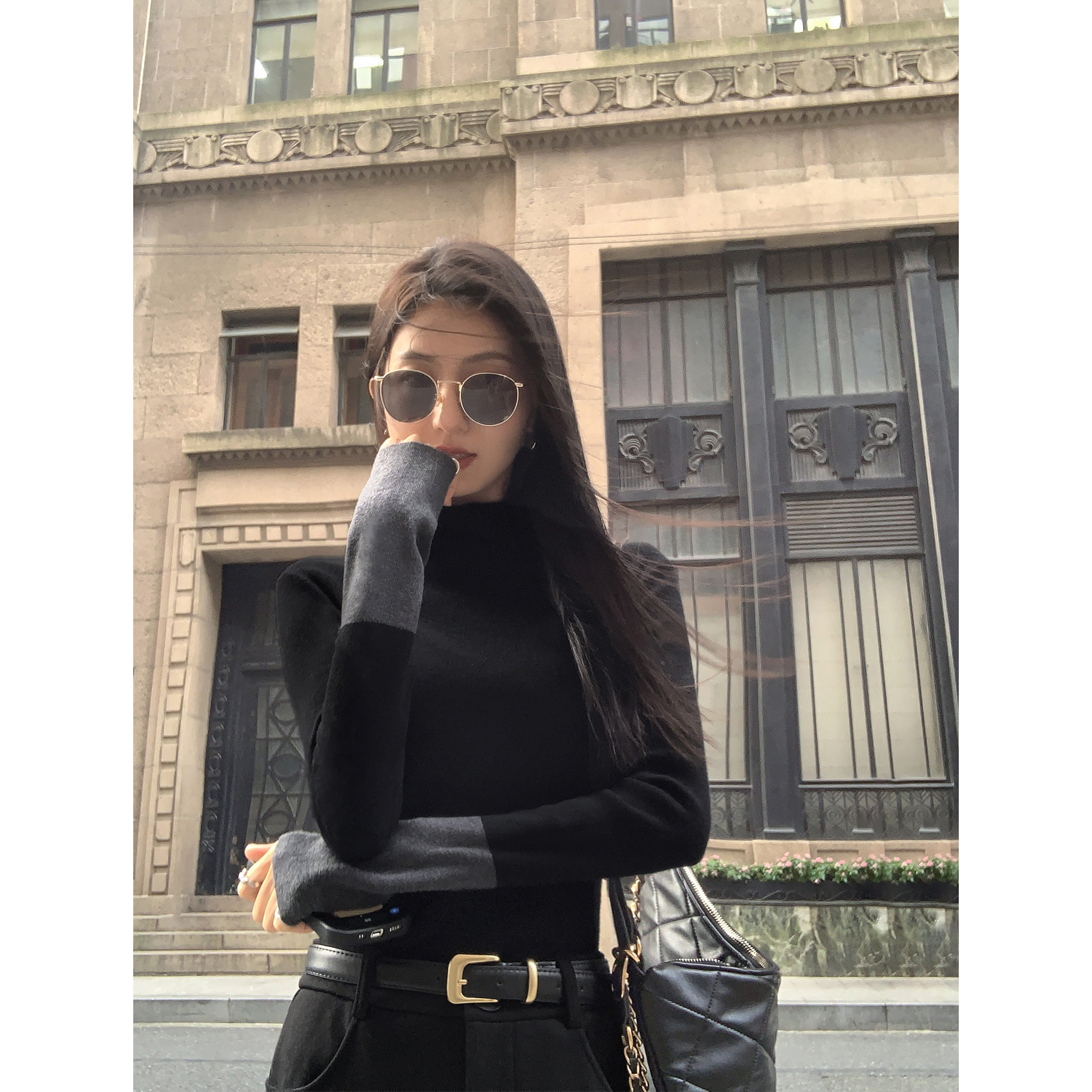 撞色长袖针织衫女修身打底衫上衣