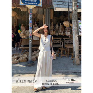 MULVAN 兩件套 直筒闊腿休閑褲 亞麻天絲老錢風(fēng)設(shè)計(jì)感v領(lǐng)馬甲背心