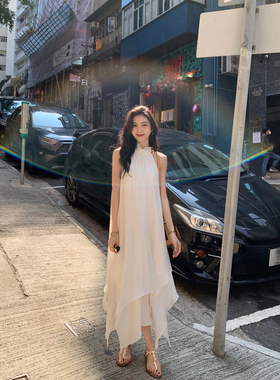 MULVAN 落日岛屿 度假风黄色挖肩挂脖连衣裙女宽松无袖不规则长裙