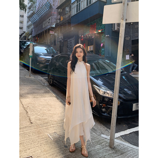 MULVAN 落日岛屿 度假风黄色挖肩挂脖连衣裙女宽松无袖不规则长裙