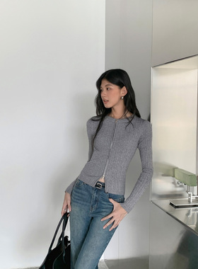 MULVAN 【现货7.5折】灰色圆领长袖麻花针织开衫女秋冬双拉链毛衣