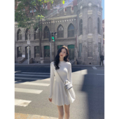 MULVAN 针织连衣裙女长袖 高级感收腰显瘦a字拼接俏皮花苞蓬蓬短裙