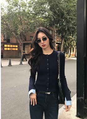 MULVAN 高智韩女 灰色麻花针织开衫女拼接撞色修身显瘦内搭上衣