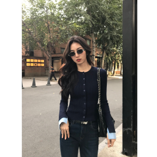 女拼接撞色修身 灰色麻花针织开衫 显瘦内搭上衣 高智韩女 MULVAN