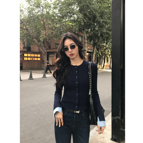 MULVAN 高智韩女 灰色麻花针织开衫女拼接撞色修身显瘦内搭上衣