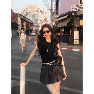 MULVAN 复古格纹a字花苞半身裙女防走光蓬蓬裙显瘦短裙 格林尼治