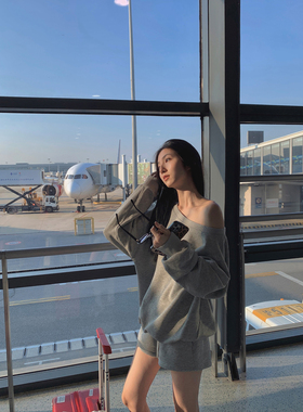 MULVAN灰色针织休闲卫裤女短款宽松慵懒风松紧腰抽绳运动热裤