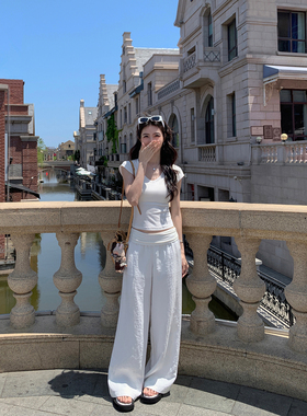 MULVAN 自在舒展 白色休闲裤女夏季薄款宽松直筒阔腿裤垂感拖地裤