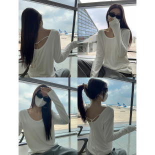 MULVAN U领锁骨T 露背系带长袖t恤女松弛感打底衫宽松休闲上衣