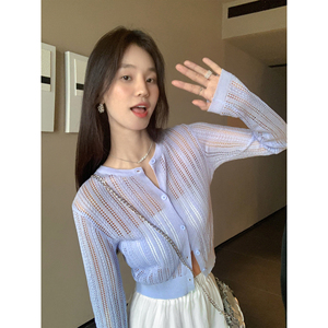 MULVAN【现货7折】针织防晒开衫女薄款镂空长袖外搭外套短款上衣