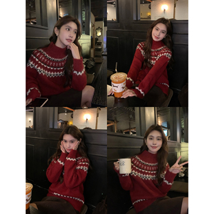 MULVAN 圣诞序曲 复古提花费尔岛圆领毛衣女宽松套头气质针织上衣