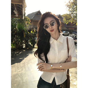 女气质收腰翻领衬衣开衫 MULVAN 衬衫 老钱风1OO亚麻中袖 优雅干练