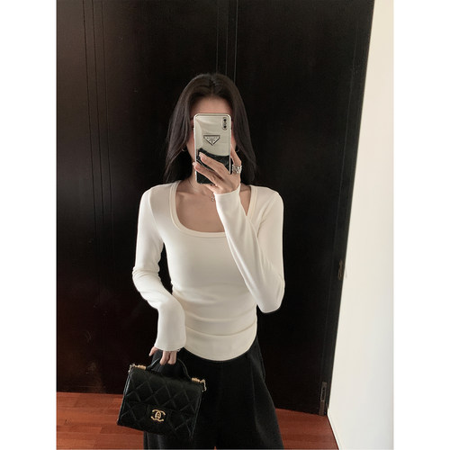 MULVAN 白色德绒方领针织打底衫女秋冬长袖t恤修身高级感内搭上衣