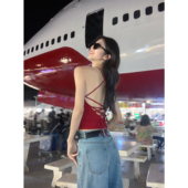 MULVAN 辣妹性感交叉露背吊带背心女带胸垫外穿红色修身 美背上衣