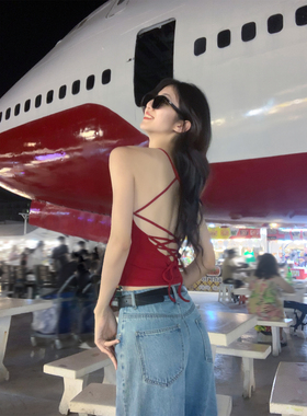 MULVAN 辣妹性感交叉露背吊带背心女带胸垫外穿红色修身美背上衣