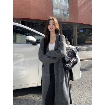 MULVAN 【现货6折】灰色长款毛衣开衫女秋冬新款慵懒风针织外套