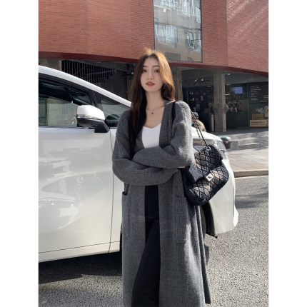 MULVAN 灰色长款毛衣开衫女秋冬新款慵懒风宽松显瘦过膝针织外套