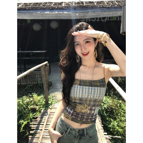 MULVAN复古拼色格纹印花吊带背心