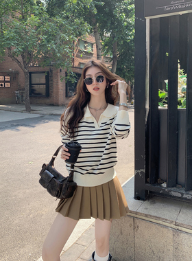 MULVAN 【现货7.5折】polo翻领条纹毛衣女秋冬新款韩版宽松上衣