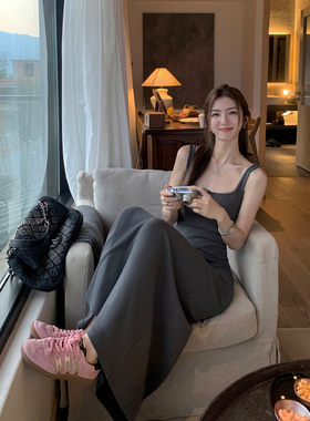 MULVAN 灰色针织背心裙女夏修身显瘦方领气质高级感连衣裙a字长裙