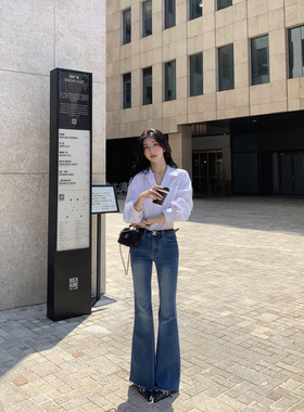 MULVAN 复古蓝色牛仔裤女春秋修身显瘦休闲百搭微喇叭裤弹力长裤