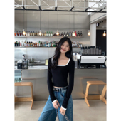 MULVAN 针织短上衣 t恤女小众设计感修身 现货6折 撞色方领长袖