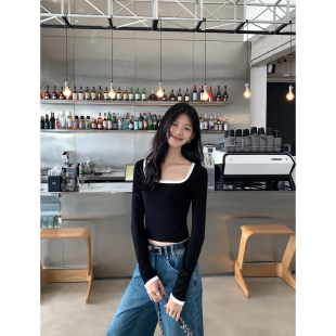 t恤女小众设计感修身 撞色方领长袖 针织短上衣 现货6折 MULVAN