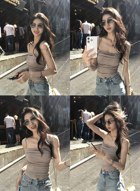 MULVAN 纯欲少女 方领自带胸垫吊带上衣女设计感褶皱修身短款背心