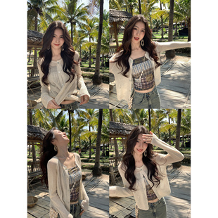 MULVAN 白茶月光 镂空亚麻莱赛尔防晒针织开衫女薄款空调罩小外套