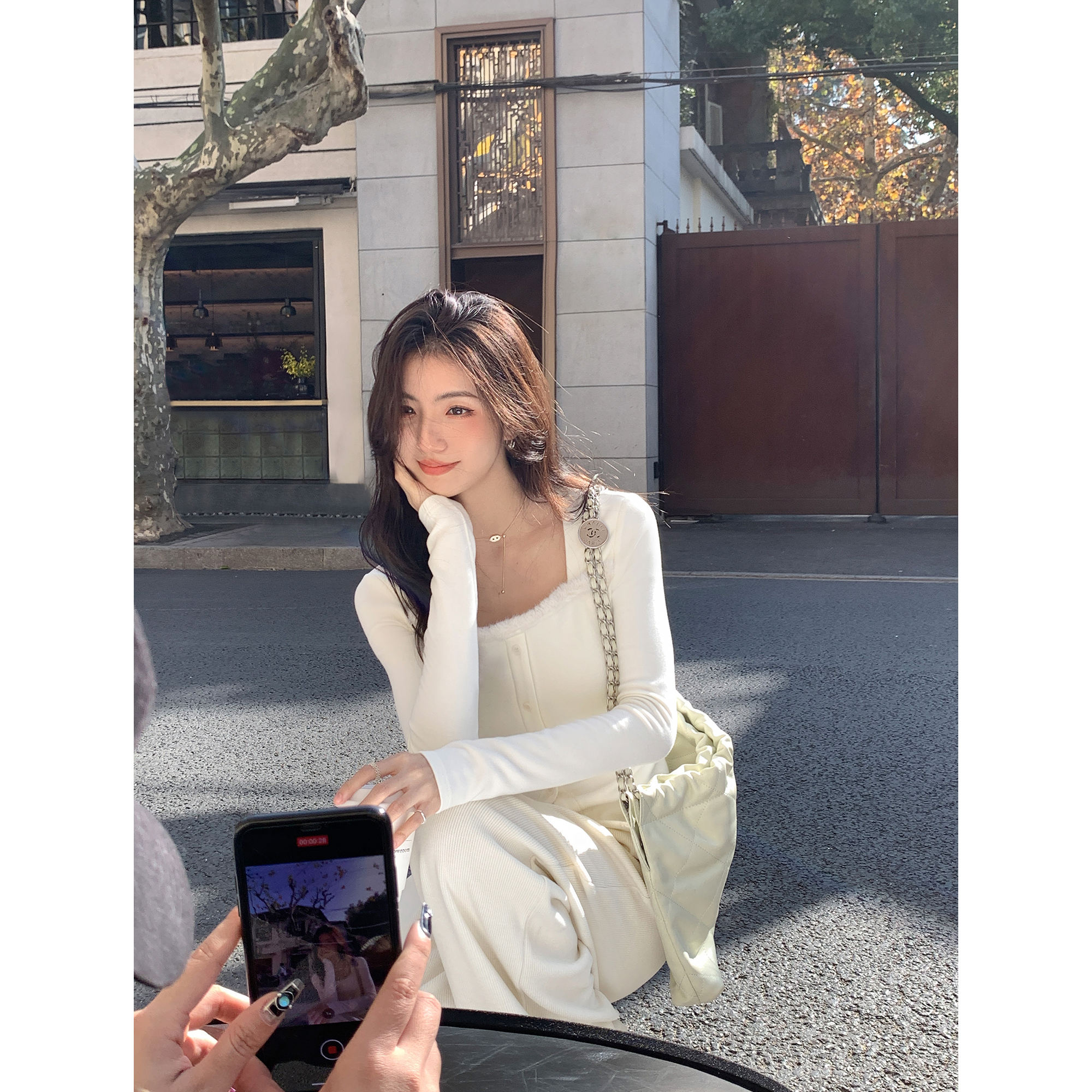 方领毛条修身针织衫上衣