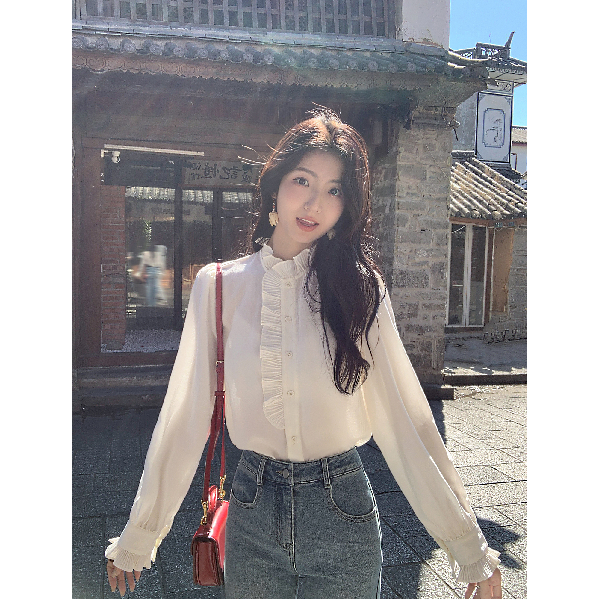 法式压褶拼接立衬衫上衣