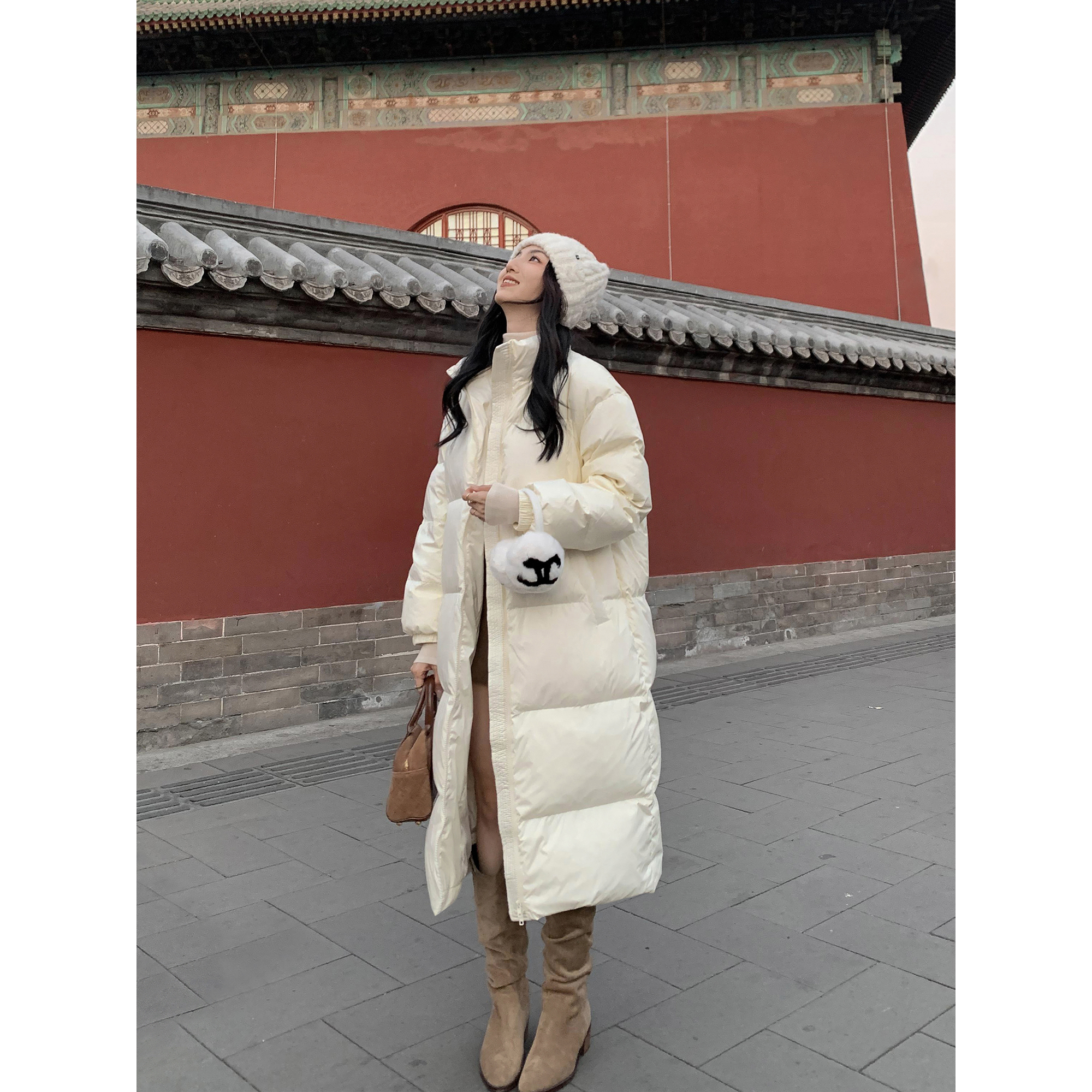 MULVAN黑色白鸭绒羽绒服女秋冬轻薄长款加厚宽松休闲过膝外套