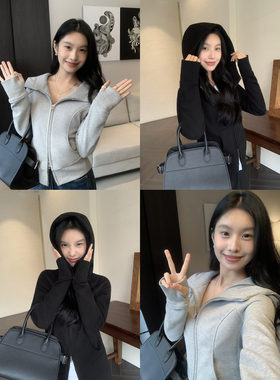 MULVAN 灰色卫衣外套 女秋冬季加绒休闲收腰双拉链短款连帽上衣