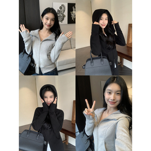 MULVAN 灰色卫衣外套 女秋冬季加绒休闲收腰双拉链短款连帽上衣