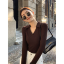 打底衫 MULVAN黑色v领polo针织t恤女春秋外穿韩版 短款 修身 上衣 长袖