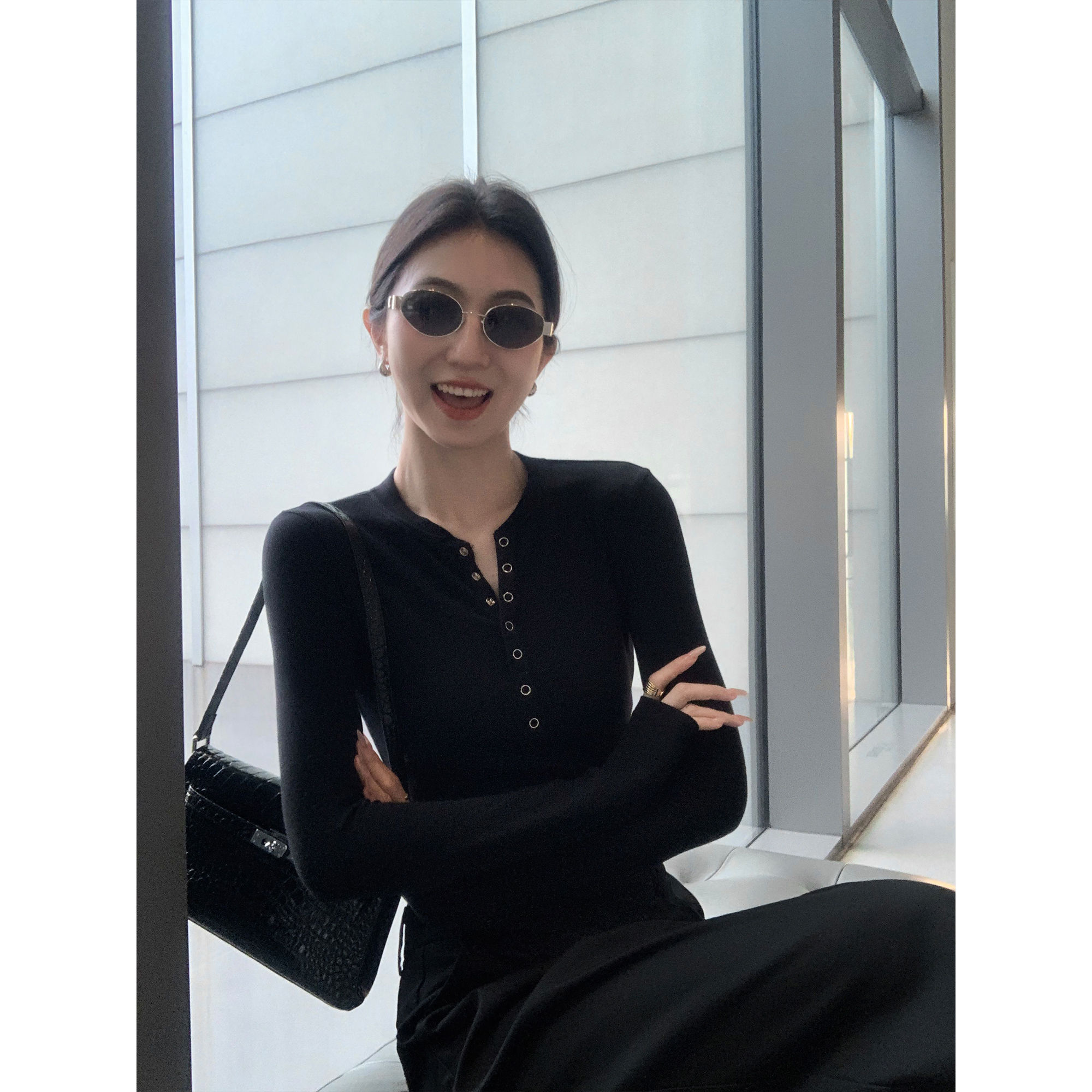 基础亨利领长袖T恤女针织衫上衣