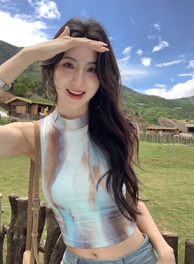 MULVAN 巴黎古着 撞色印花色半高领背心女夏外穿修身辣妹无袖上衣