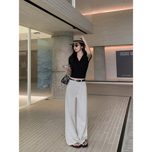 宽松显瘦休闲阔腿拖地长裤 MULVAN 女夏季 高腰直筒牛仔裤 街头丹宁