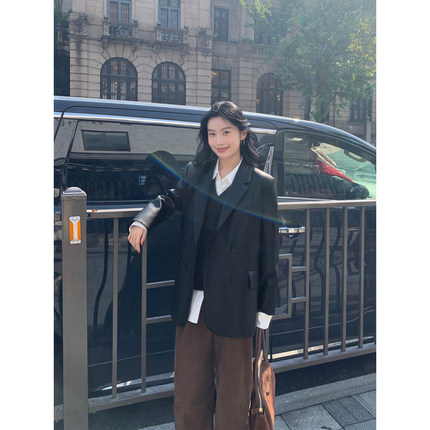 MULVAN 黑色复古pu皮衣西装外套女秋冬新款宽松休闲中长款皮夹克