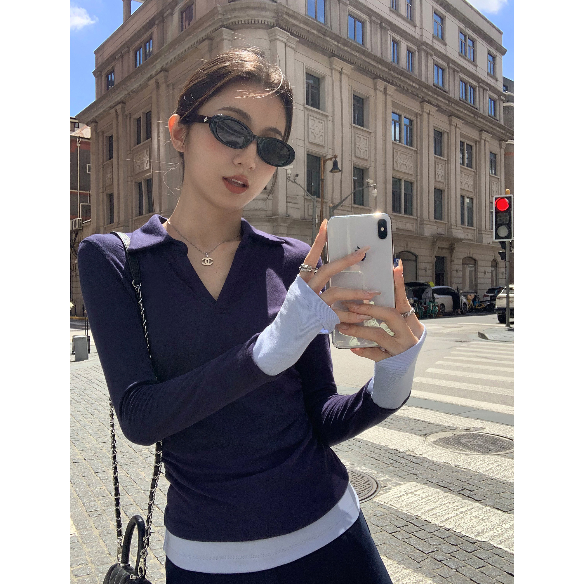 MULVAN 韩女捕手~设计感拼色V领长袖针织衫女休闲翻领褶皱T恤上衣
