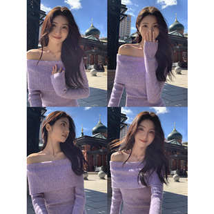 上衣 显瘦套头露肩长袖 MULVAN紫色一字肩针织衫 女秋冬慵懒毛衣修身
