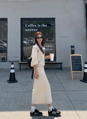 MULVAN【现货6.5折】黑色立领拉链工装外套女秋季半身裙两件套装