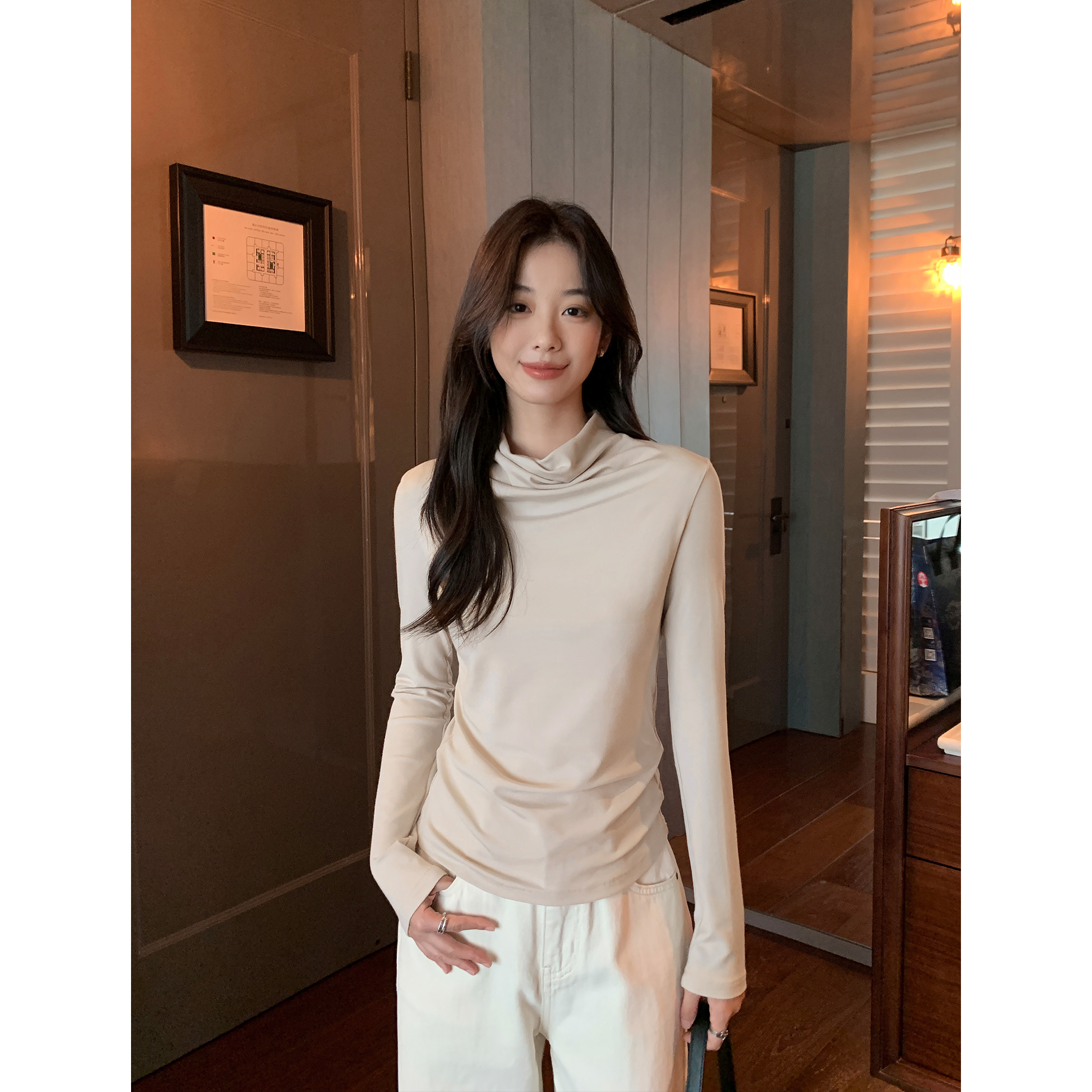 MULVAN 无感穿着 荡领长袖t恤女气质修身半高领打底衫内搭上衣