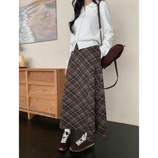 伞裙 复古高腰格子半身裙女秋冬针织a字中长款 MULVAN 现货6折