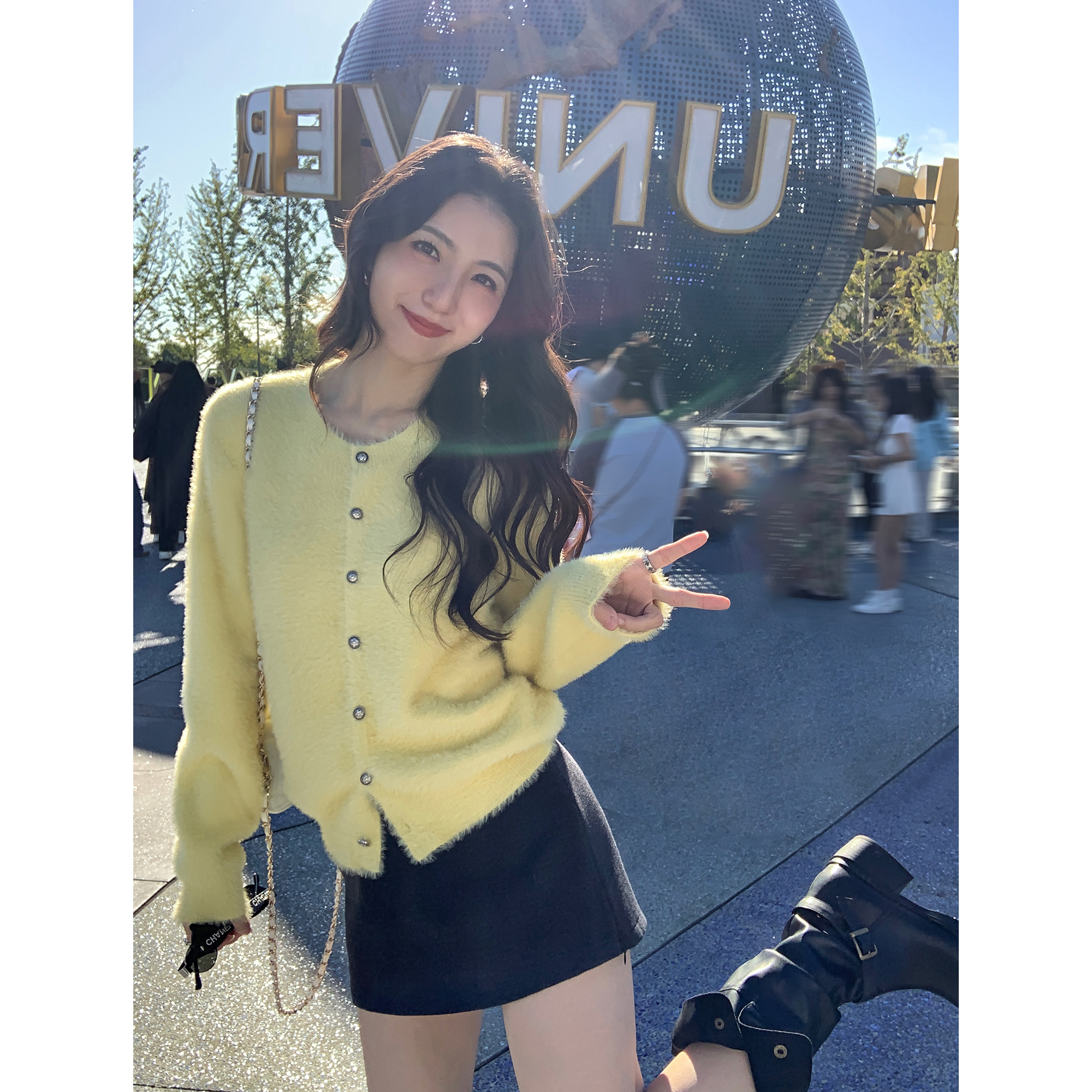 MULVAN 舒芙蕾 软糯奶黄色仿貂绒毛衣开衫女慵懒风气质针织衫上衣