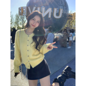 MULVAN 上衣 女慵懒风气质针织衫 舒芙蕾 软糯奶黄色仿貂绒毛衣开衫